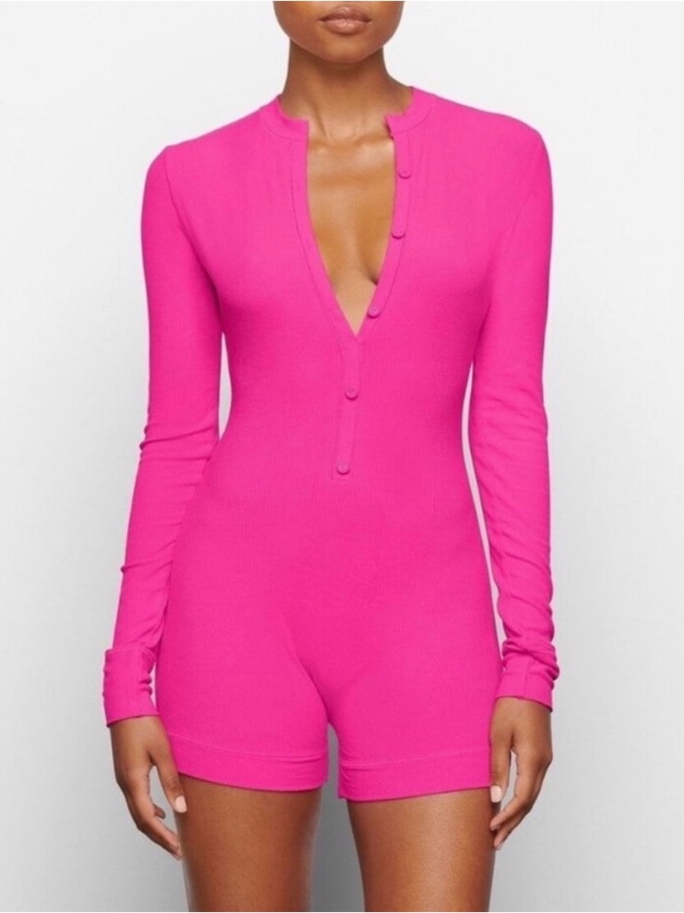 Skims Soft lounge Bubblegum Pink henley button front long sleeve romper